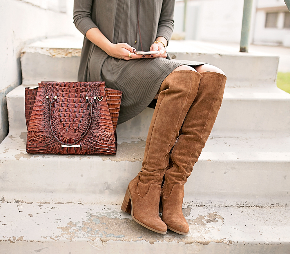 livvyland-blog-olivia-watson-austin-texas-fashion-blogger-fall-outfit-over-the-knee-otk-boots-brahmin-duxbury-handbag-olive-green-shift-dress-celine-marta-mini-sunglasses-8