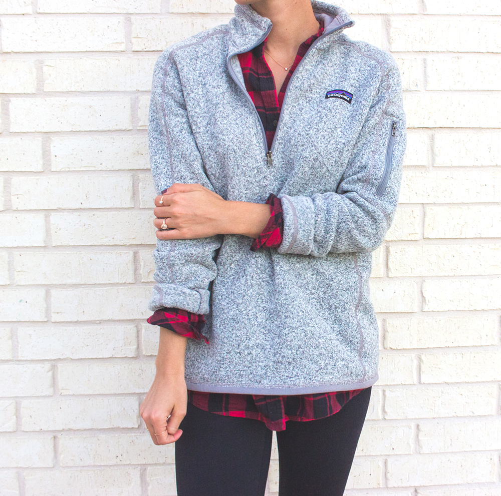 livvyland-blog-olivia-watson-patagonia-fleece-pullover-gray-nordstrom-plaid-layering-zella-live-in-leggings-cozy-exercise-outfit-4