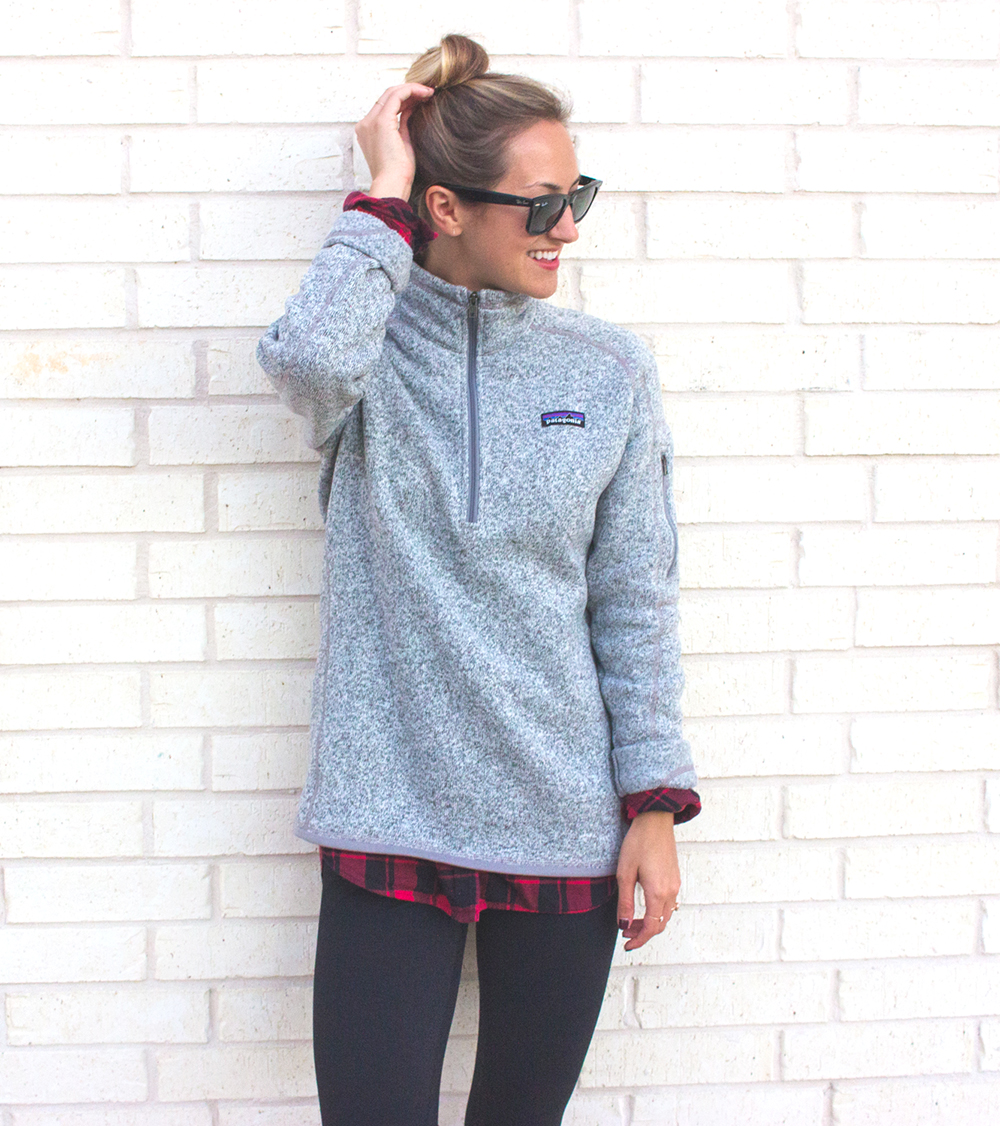 livvyland-blog-olivia-watson-patagonia-fleece-pullover-gray-nordstrom-plaid-layering-zella-live-in-leggings-cozy-exercise-outfit-5