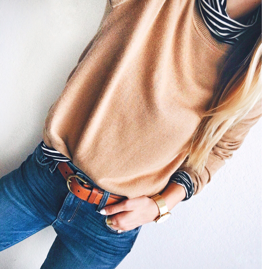 livvyland-blog-olivia-watson-instagram-cyber-monday-roundup-sales-j-crew-stripes-under-camel-sweater-belt-high-waist-jeans