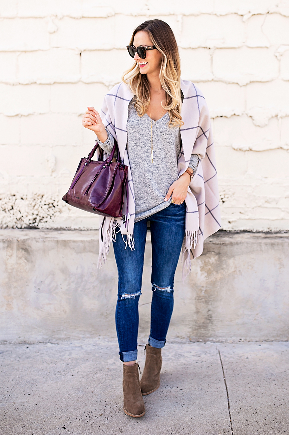 livvyland-blog-olivia-watson-nordstrom-fall-outfit-grey-sweater-booties-madewell-plaid-poncho-rebecca-minkoff-regan-satchel-burgundy-oxblood-7