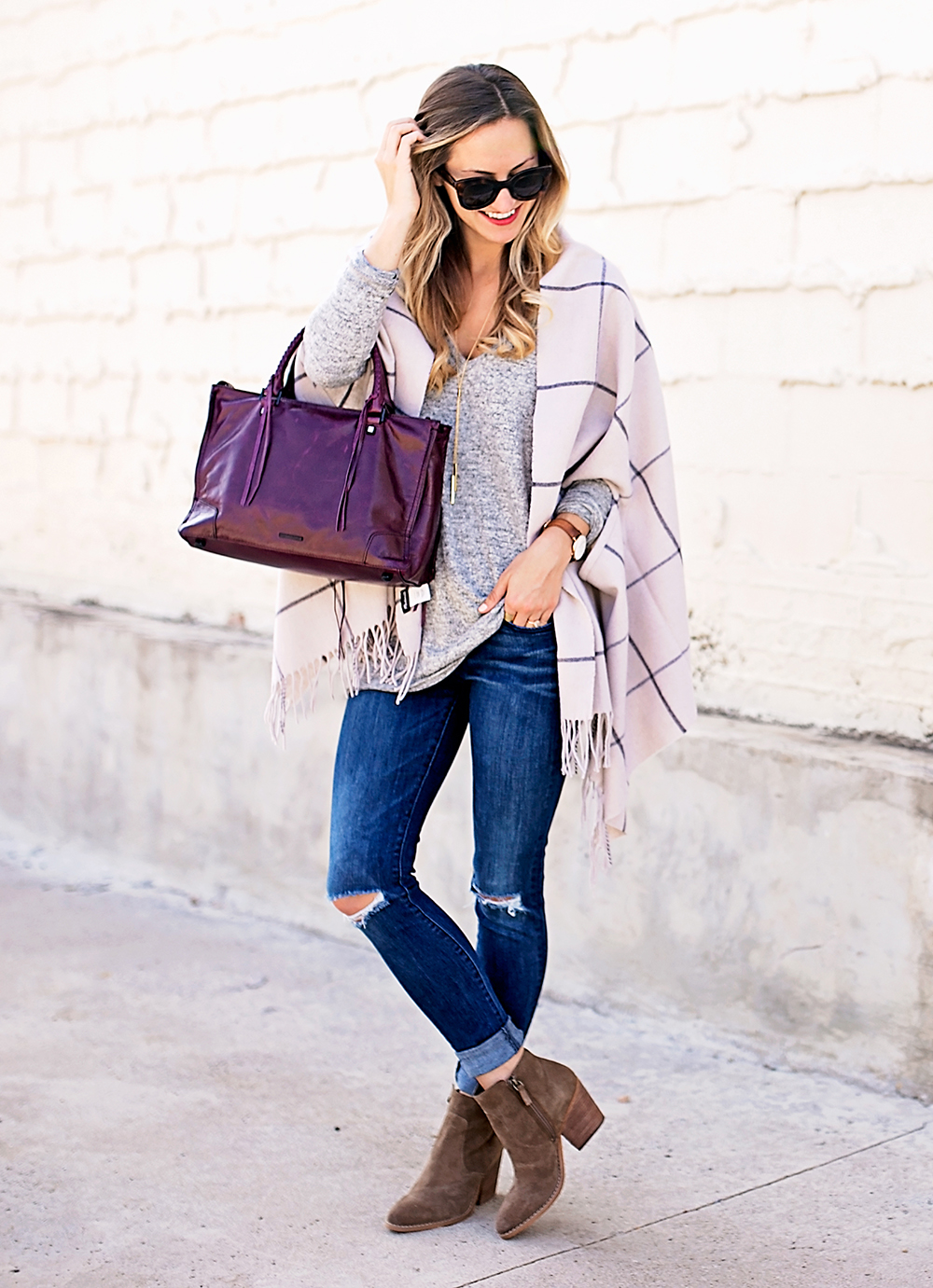 livvyland-blog-olivia-watson-nordstrom-fall-outfit-grey-sweater-booties-madewell-plaid-poncho-rebecca-minkoff-regan-satchel-burgundy-oxblood-9