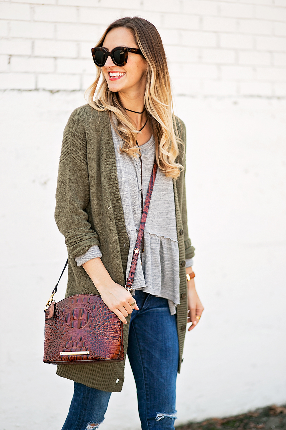 livvyland-blog-olivia-watson-peplum-thermal-tee-shirt-olive-cardigan-boho-outfit-casual-taupe-ankle-booties-fall-outfit-idea-celine-baby-marta-sunglasses-1