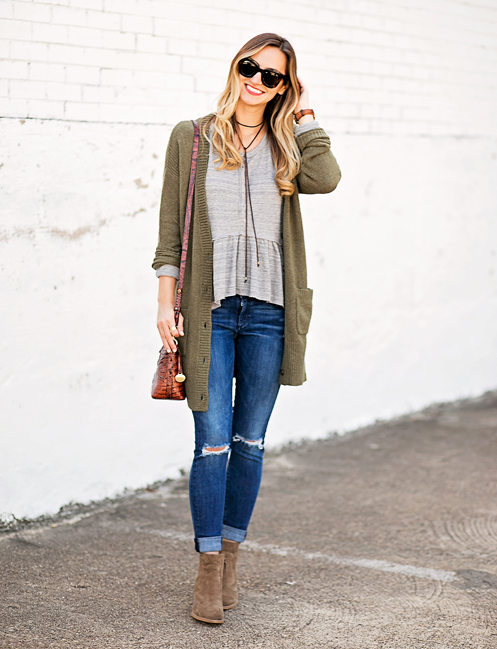 livvyland-blog-olivia-watson-peplum-thermal-tee-shirt-olive-cardigan-boho-outfit-casual-taupe-ankle-booties-fall-outfit-idea-celine-baby-marta-sunglasses-2