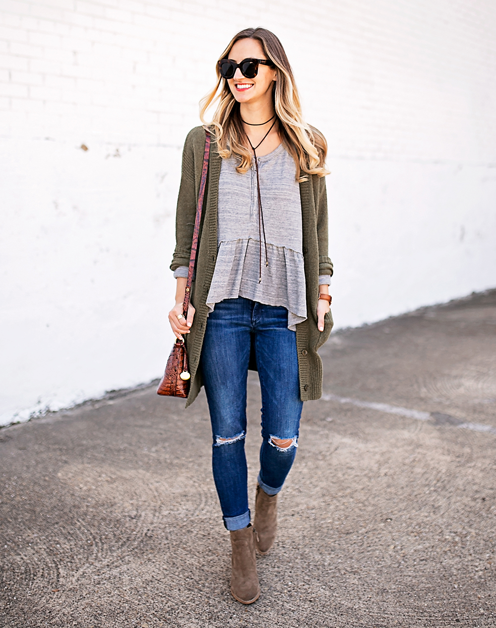 livvyland-blog-olivia-watson-peplum-thermal-tee-shirt-olive-cardigan-boho-outfit-casual-taupe-ankle-booties-fall-outfit-idea-celine-baby-marta-sunglasses-5