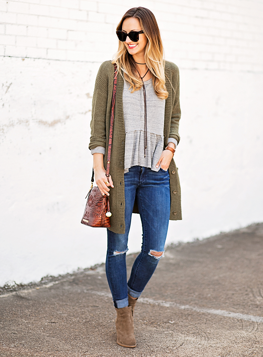 livvyland-blog-olivia-watson-peplum-thermal-tee-shirt-olive-cardigan-boho-outfit-casual-taupe-ankle-booties-fall-outfit-idea-celine-baby-marta-sunglasses-7