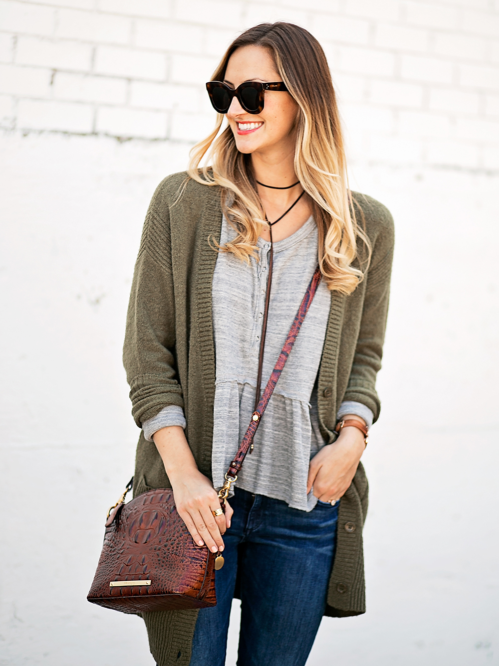 livvyland-blog-olivia-watson-peplum-thermal-tee-shirt-olive-cardigan-boho-outfit-casual-taupe-ankle-booties-fall-outfit-idea-celine-baby-marta-sunglasses-9