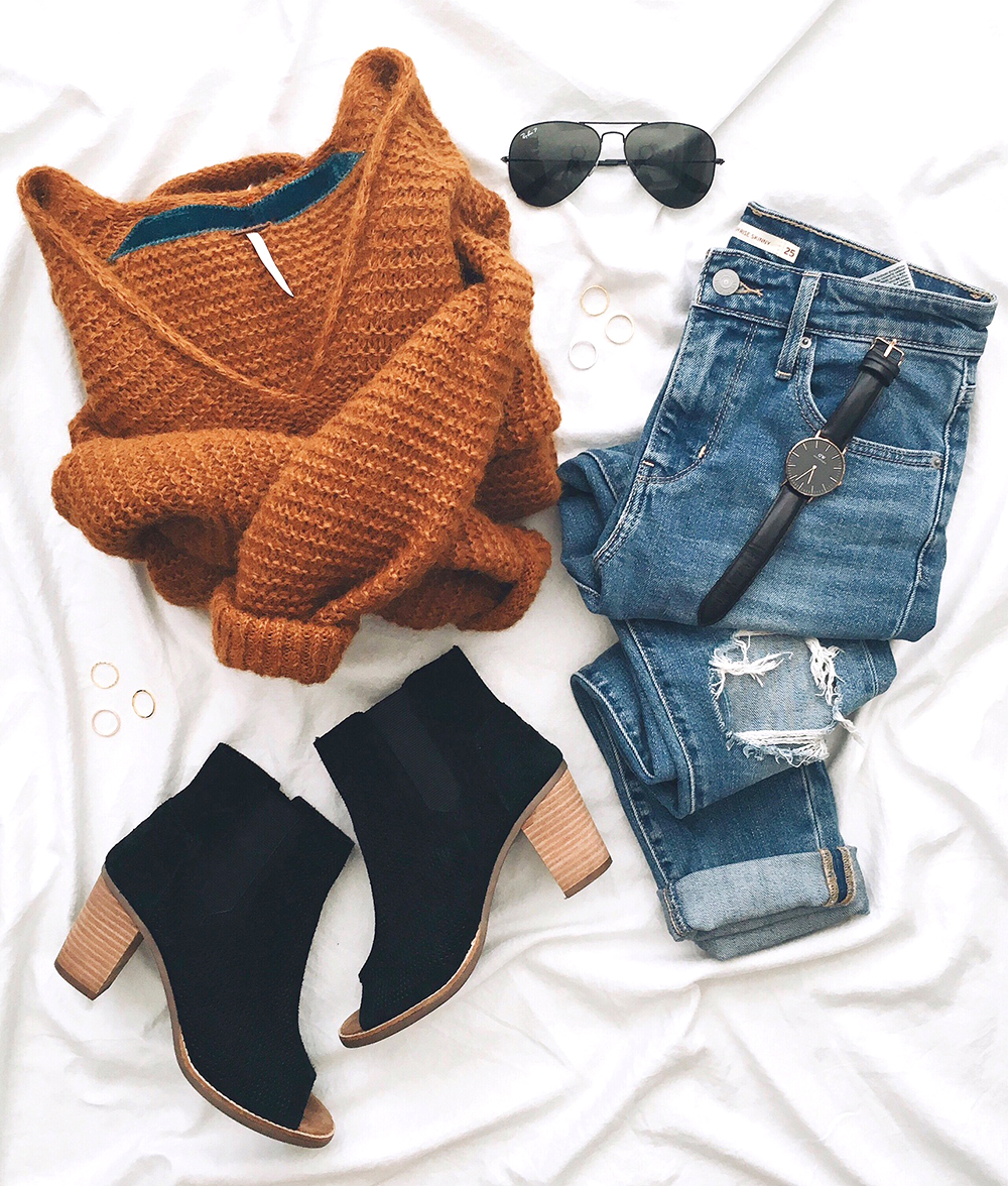 livvyland-blog-olivia-watson-instagram-roundup-december-cozy-mustard-sweater-distressed-jeans-chic-peep-toe-booties-flat-lay