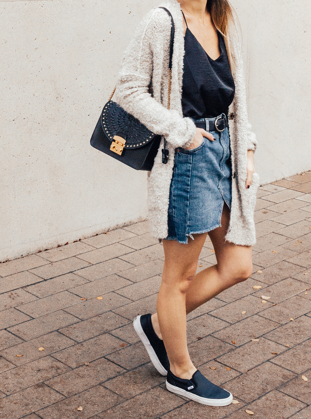 livvyland-blog-olivia-watson-denim-skirt-silk-cami-furla-black-handbag-vans-slip-on-sneakers-6