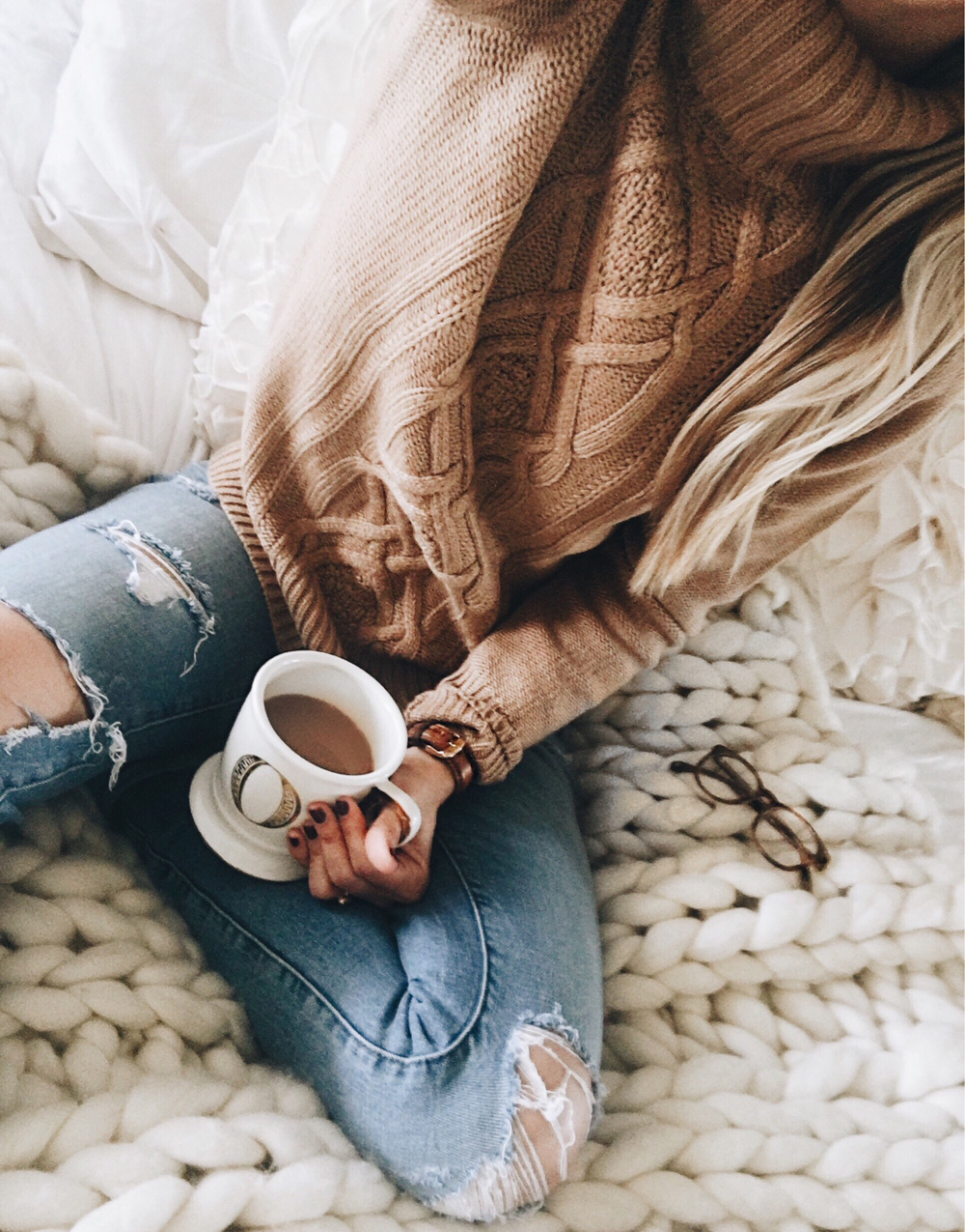 livvyland-blog-olivia-watson-instagram-roundup-jcrew-camel-cable-knit-sweater-cozy-coffee-in-bed